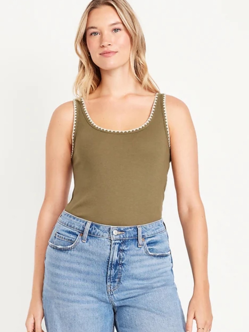 90s Folk Embroidered Olive Ribbed/
 Scoop Neck Tank with Contrast Trim - Olive